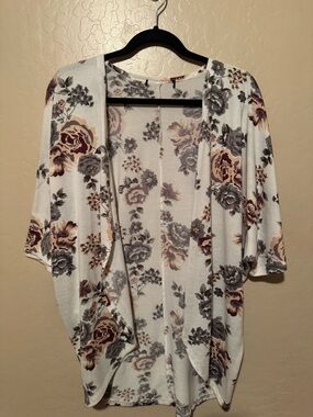 Floral Open Front Kimono Cardigan - Cream with Mauve & Gray Roses